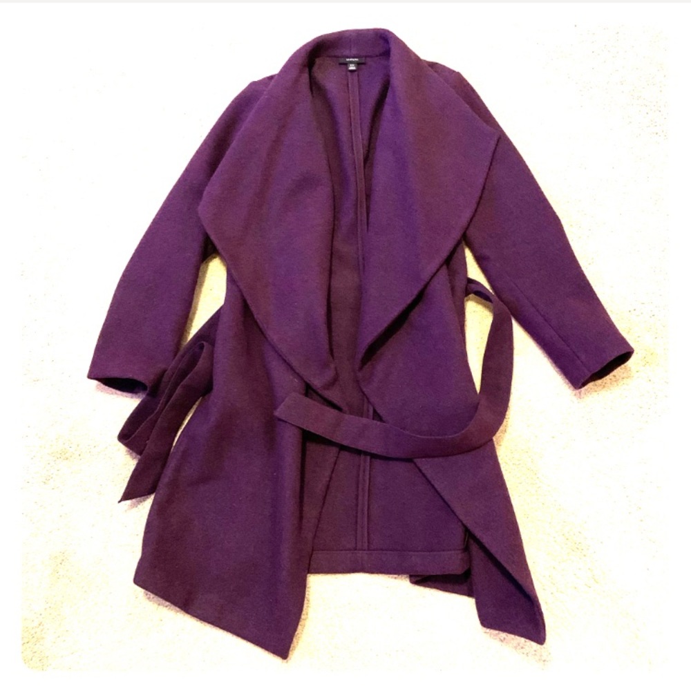 Alfani Wool Purple Wrap Coat. Belted drape-front